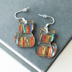 Women’s Jewelry unique Colorful Kitten Bookshelf Dangle Earrings